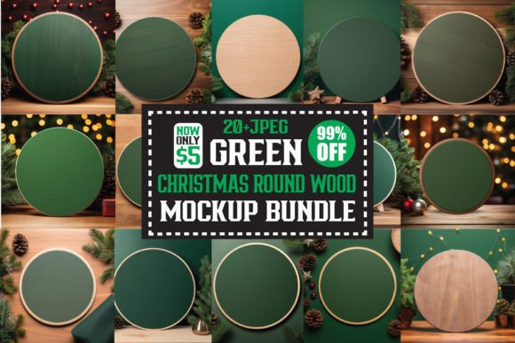 Christmas Green Round Wood Mockup Bundle for Graphics & Christmas Amp