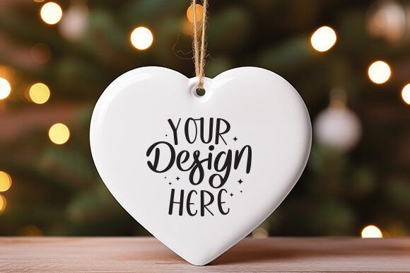 Heart White Ceramic Ornament Mockup: Graphics for Christmas Amp